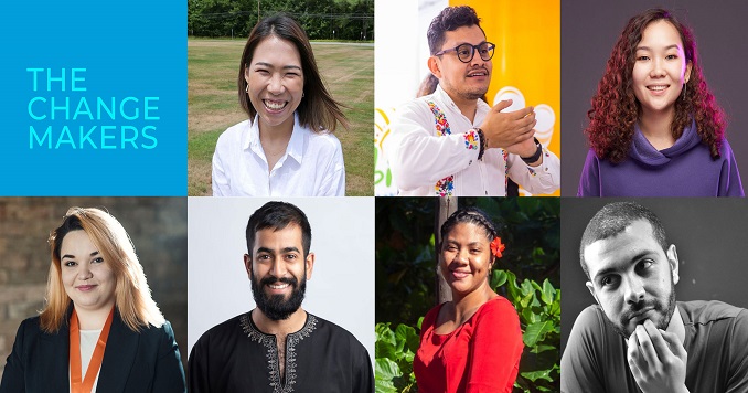 Una página con siete fotos de jóvenes educadores y educadoras en derechos humanos.