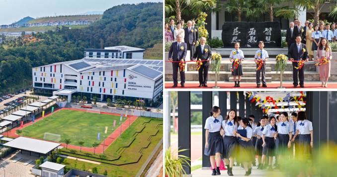 Composición de tres fotos que muestran una escuela, una ceremonia de corte de cinta y estudiantes caminando alegremente.