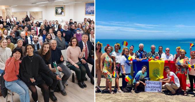 Composite image showing a large group of seated people in a hall on the right and a small group of people posing for a photo against a backdrop of a beautiful turquoise blue ocean on the left.