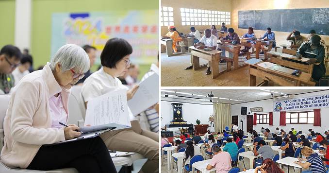 A collage of three photos with people taking an exam.