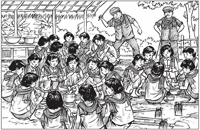 Illustration of young women sitting on the ground in groups eating, with a guard raising a stick to beat one of them.