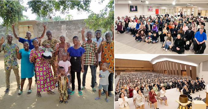 Composite of three images: a small group of people outside (left), large group of people posing for a photo in a hall (top right) and large hall full of rows of people sitting (bottom right)