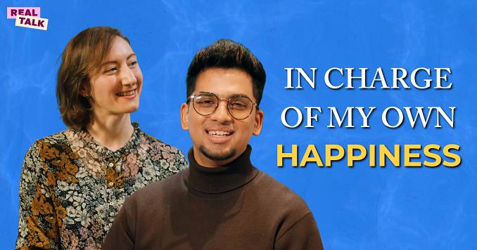 Two young people on a blue background with text.