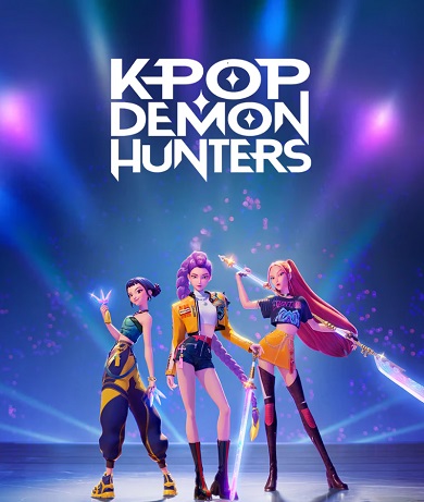 Purple K-Pop Demon Hunters poster featuring the three main characters, Zoey, Rumi and Mira, standing together